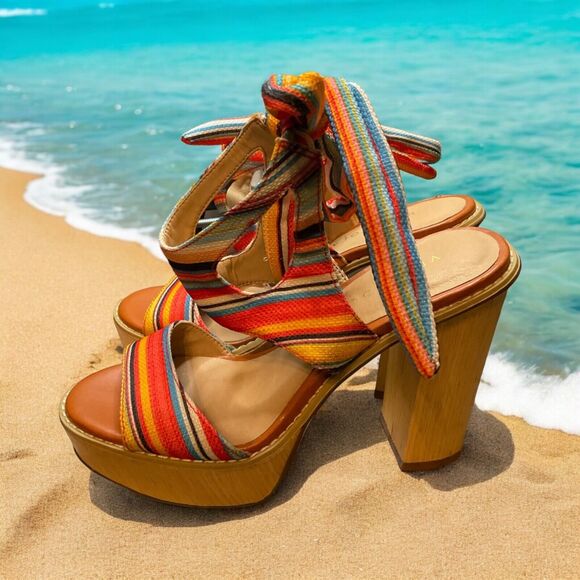 Very Volitile Womans Platform Block Heel Sandals Size 6 Ankle Strap Multicolor - Picture 1 of 8
